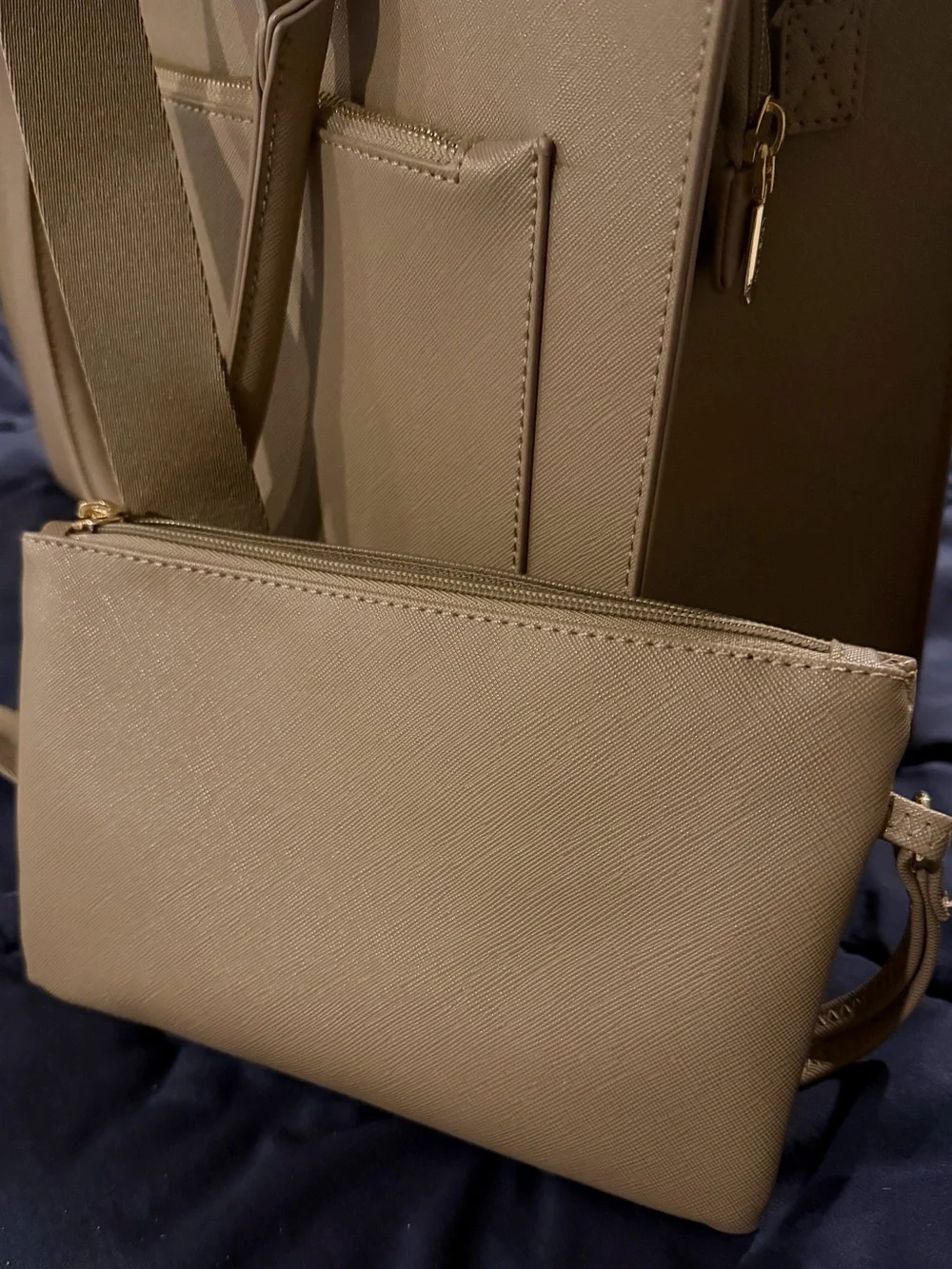 Beige Structured Tote Bag with Gold Accent by